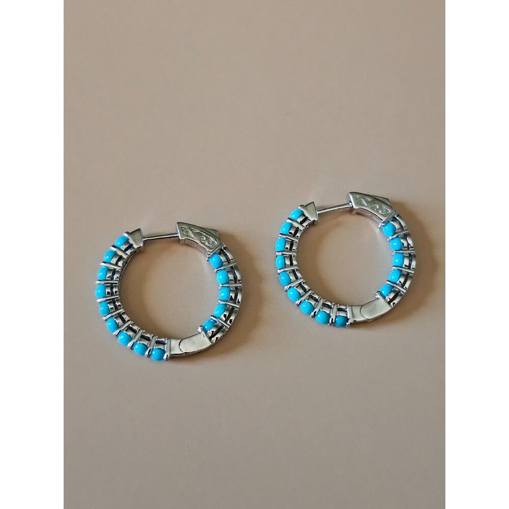 Sleeping Beauty Turquoise Rhodium Over Sterling Silver 925 Earrings JTV Hoops